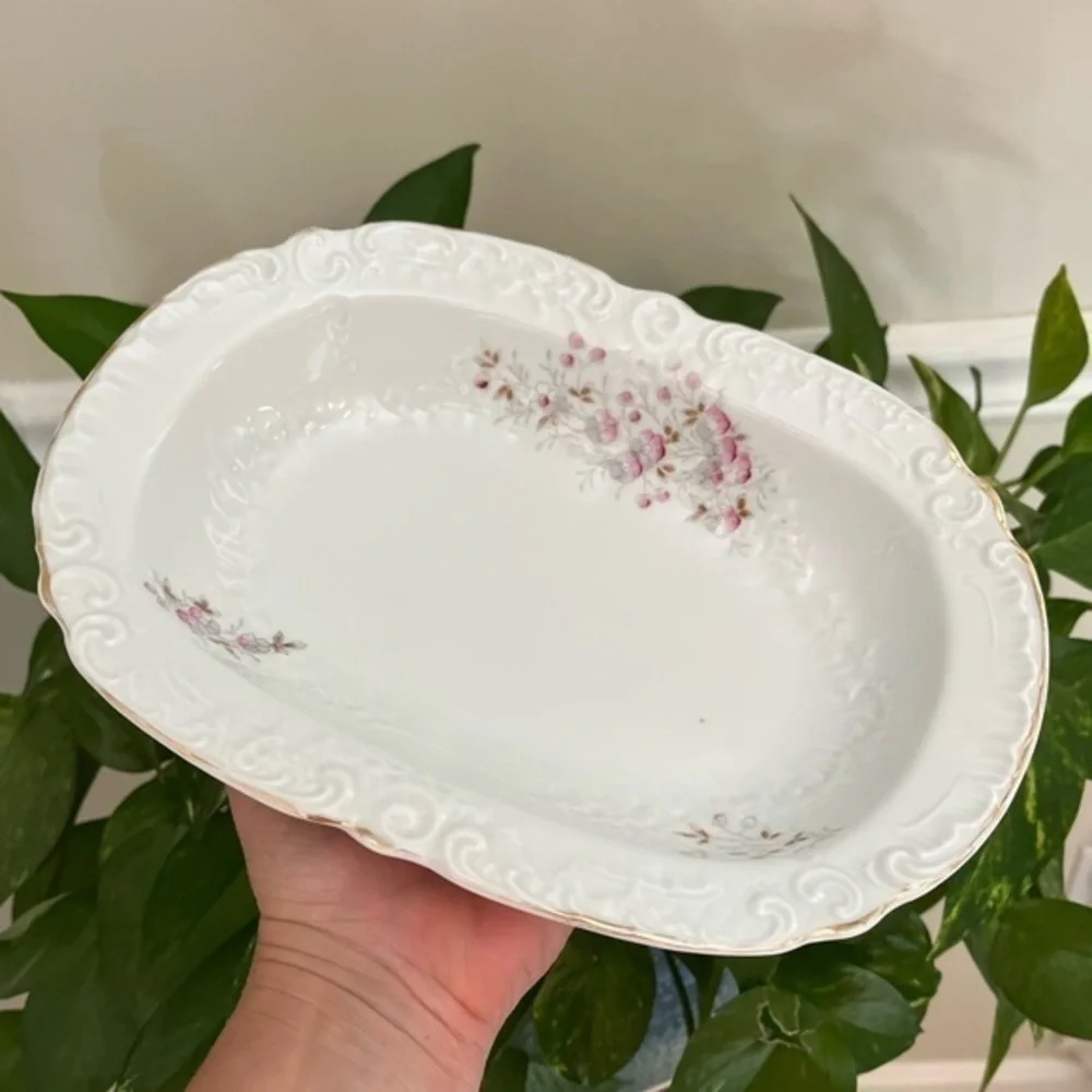 Vintage Victoria Austria Vegetable Side Dish White with Petite Pink Flowers